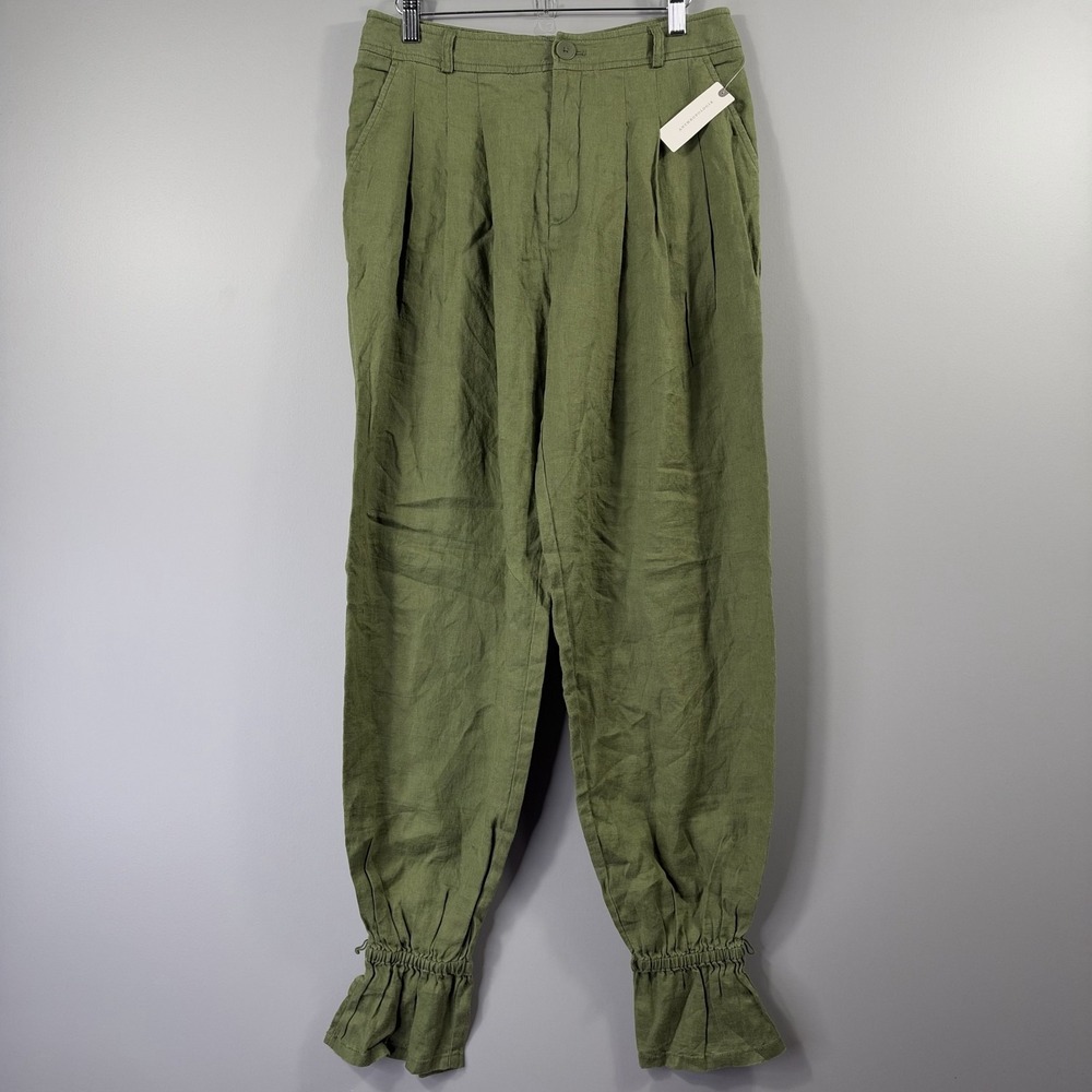 NWT Anthropologie Pants Womens 6 Green Linen Pleated Jogger Ruffle Cuff Tapered